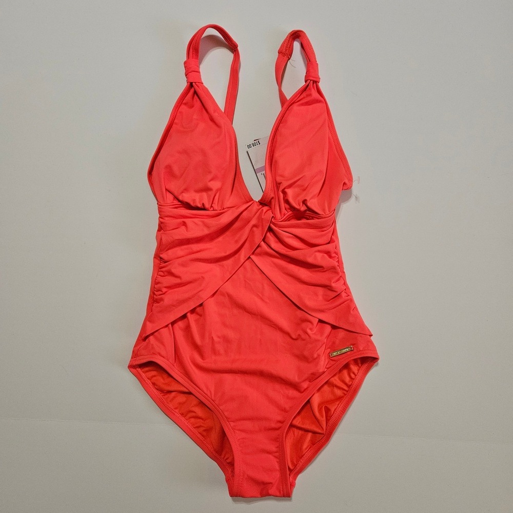 Vince Camuto Hot Coral Twist Front One Piece Swimsuit‎ V77702 Womens Size 6 NWT